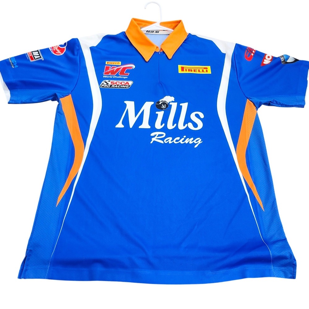 Racer Ink Mills Racing Pirelli SCCA Pro Racing Blue Pit Crew Shirt Mens XL
